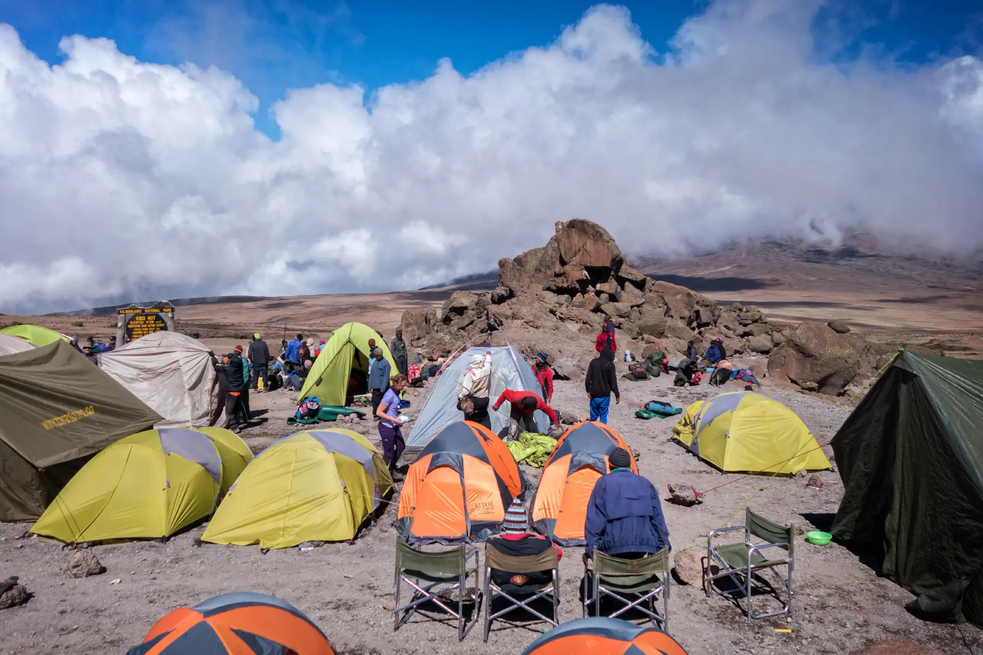 Trekkers' tents at a busy Kilimanjaro campsite