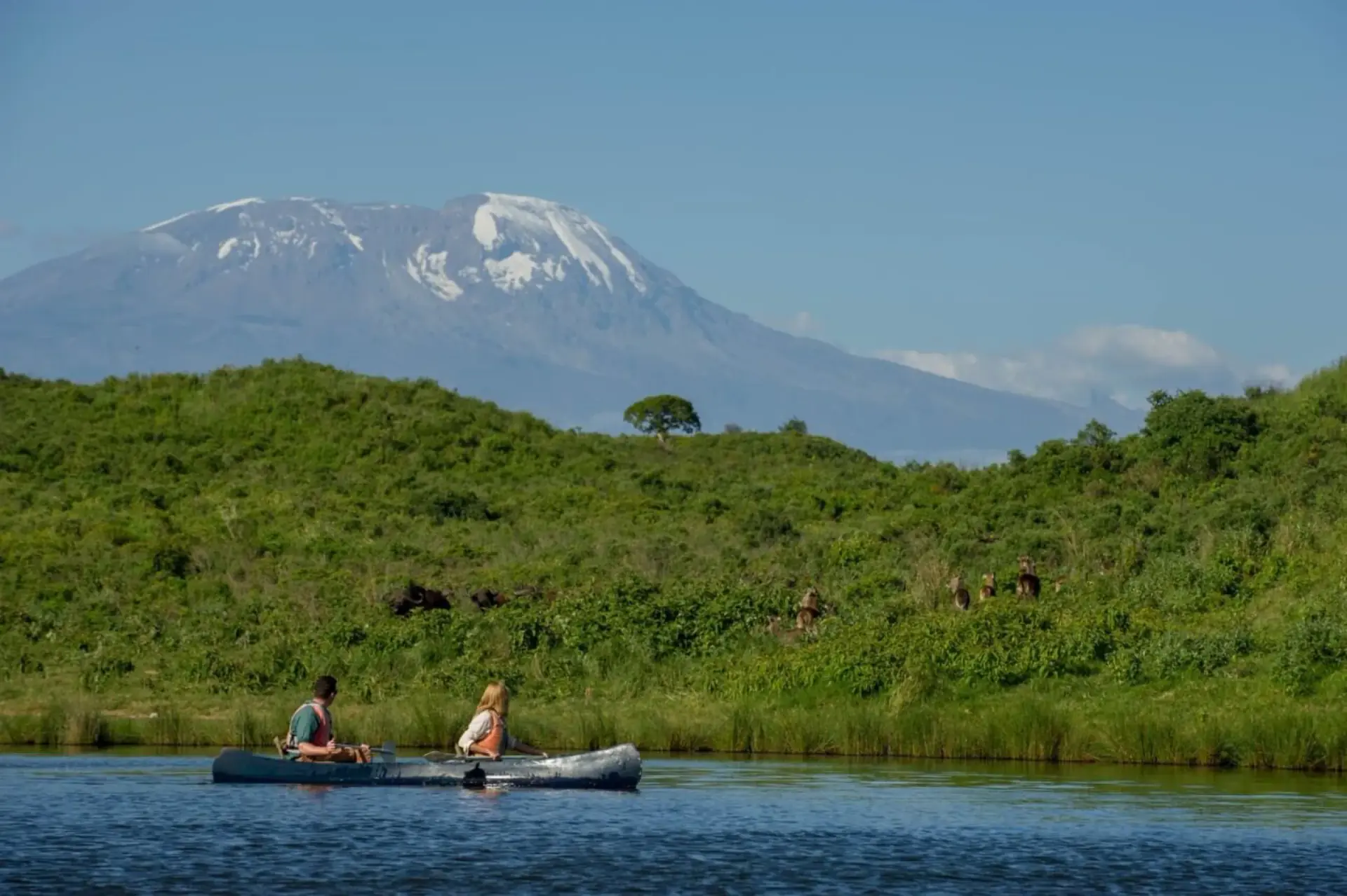 Canoeists on a lake below snow-capped Mount Kilimanjaro