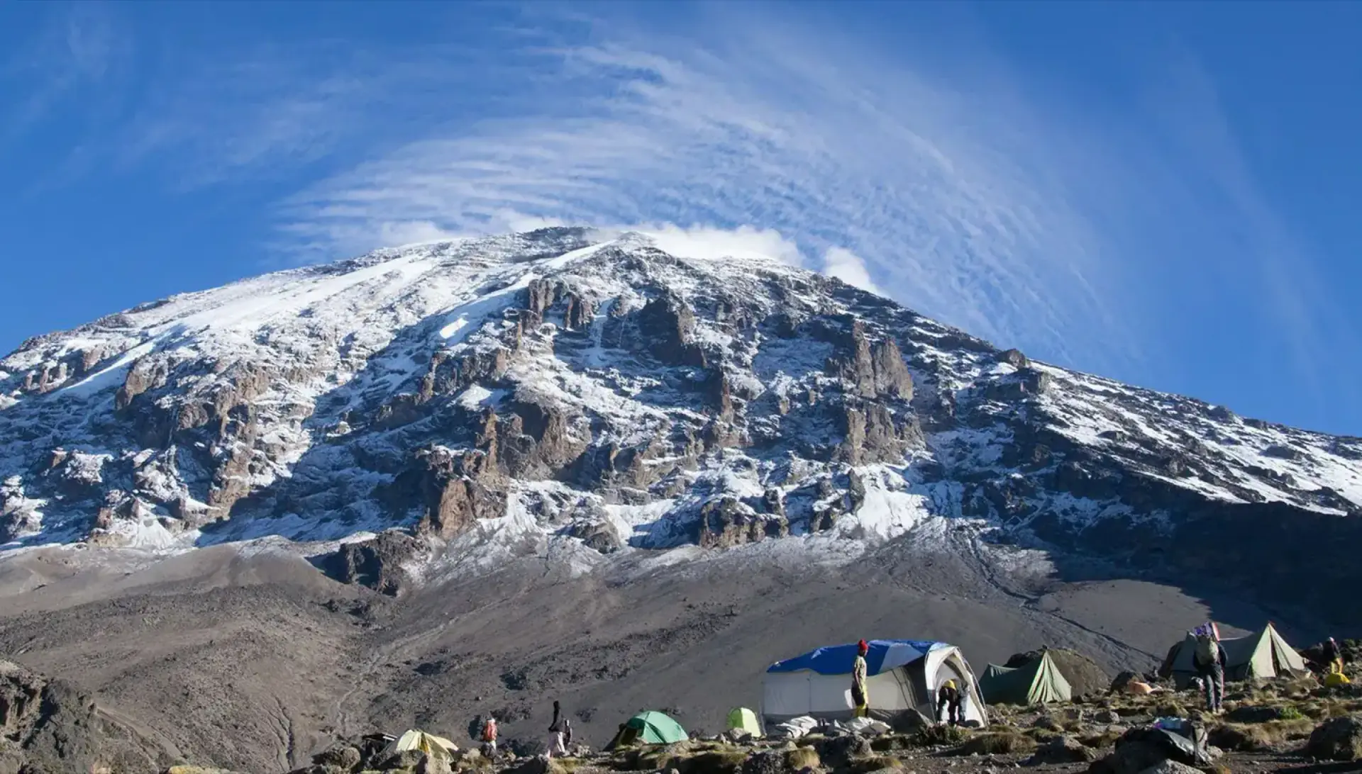 Snow-covered Kibo peak of Kilimanjaro above a high camp