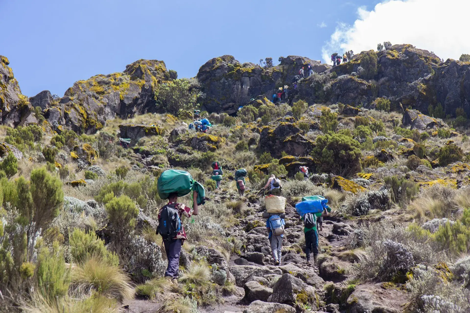 Porters and trekkers climbing a rocky trail on the Marangu route