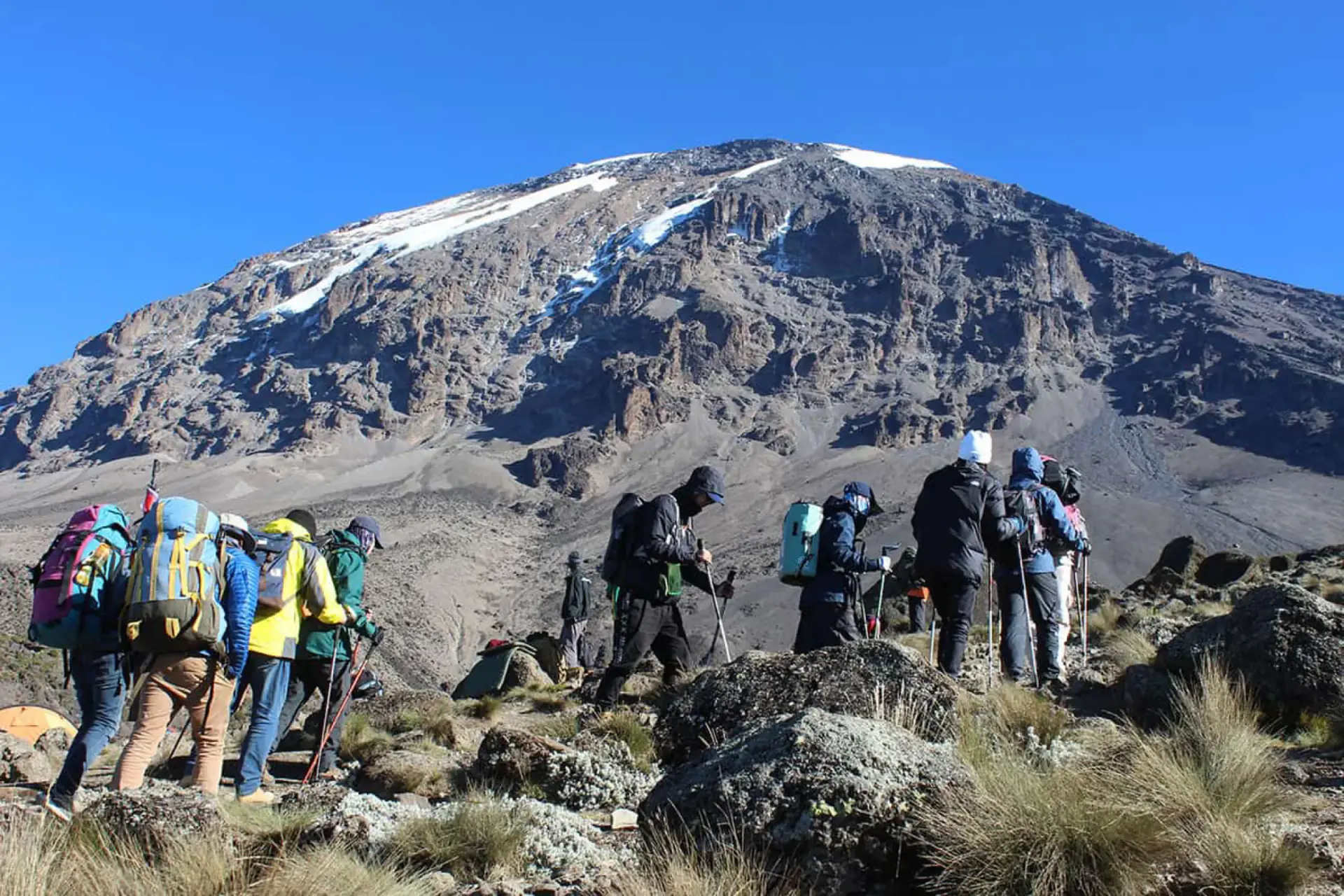 Trekking group resting below Kibo peak