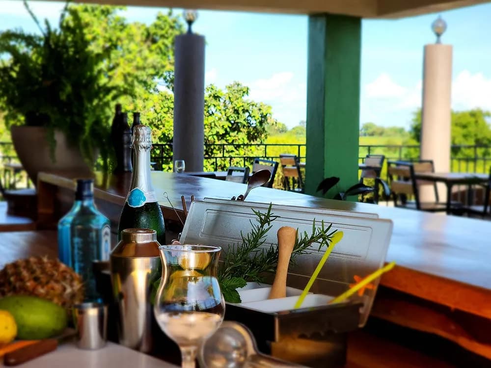 Bar counter with sparkling wine and fresh fruit on the terrace at Heart & Soul Lodge