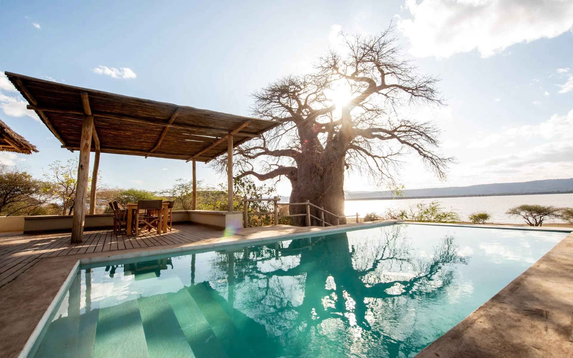 Pool at Manyara's Secret reflecting a baobab tree, with the sun shining through its branches
