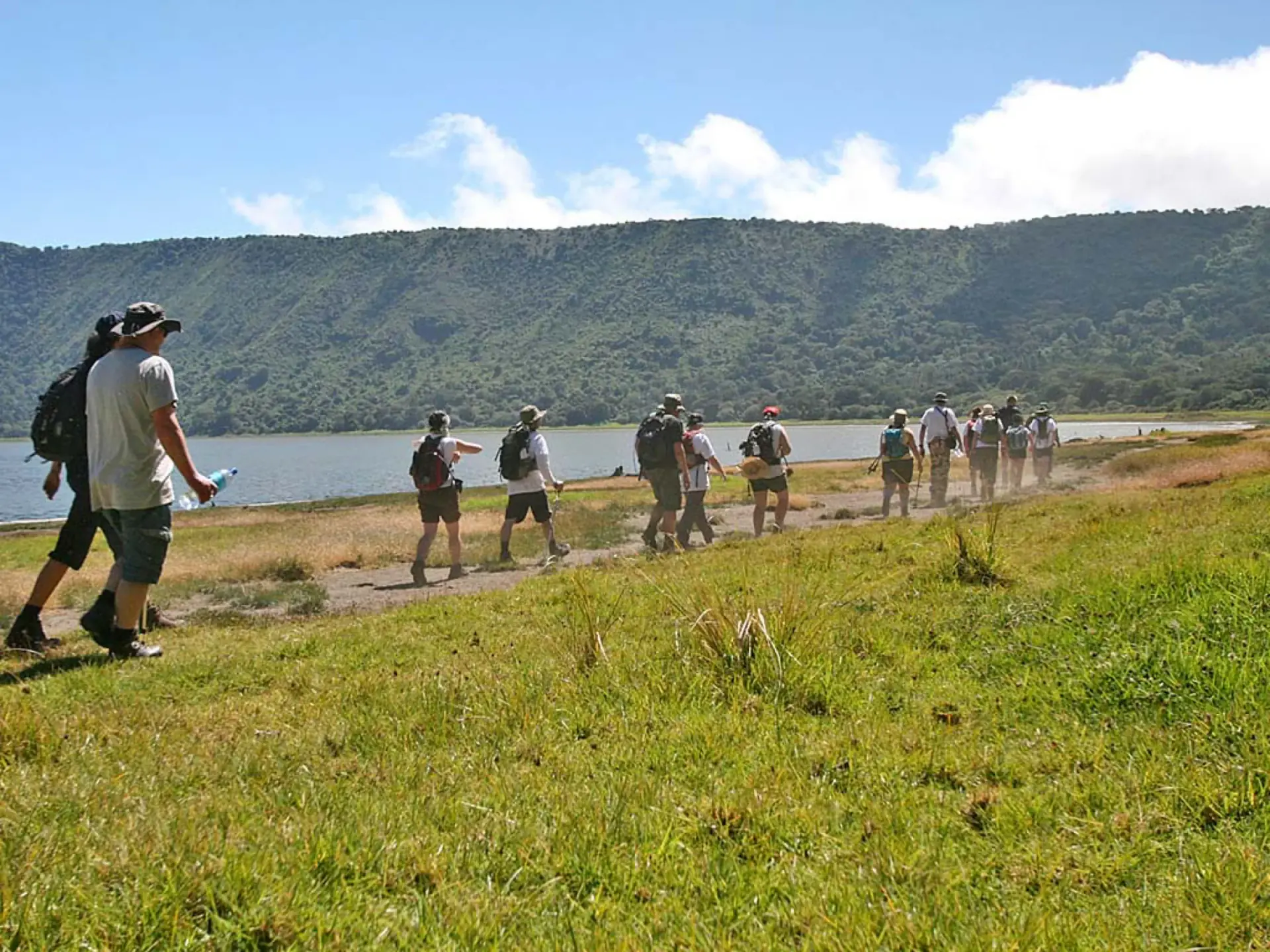 Walking safari along a lake shore in the Ngorongoro highlands