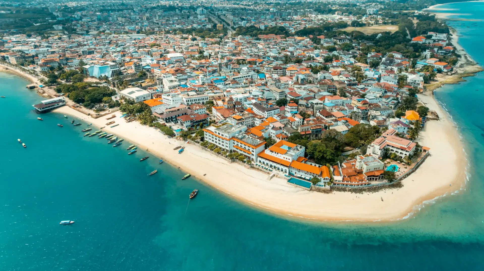 Aerial view of Stone Town and its waterfront in Zanzibar